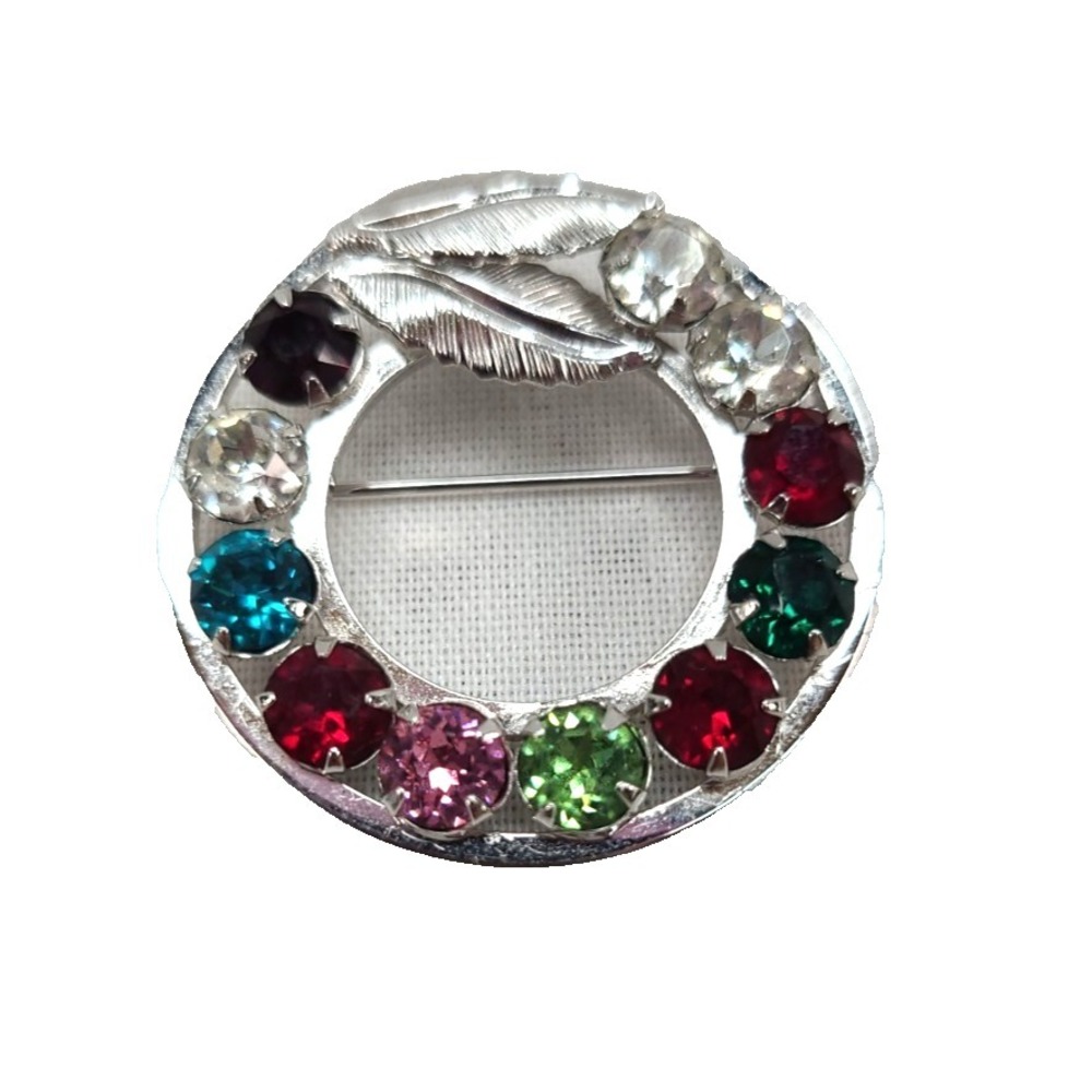 Vintage Signed CARLA 12K Gold Filled Wreath Multicolored Rhinestone Brooch Pin